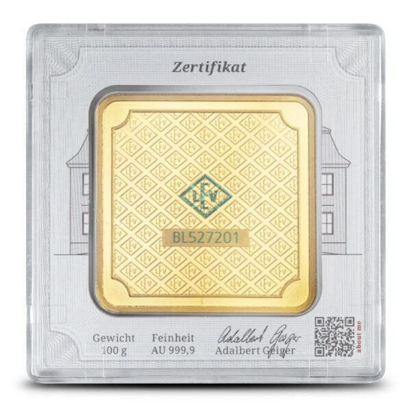 100 Gram Geiger Square Gold Bar (New w/ Assay) - Image 2