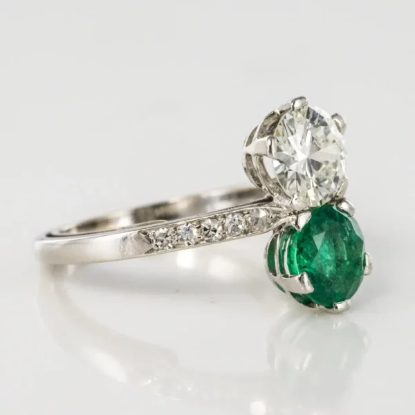 1930s French Platinum Art Deco Emerald Diamond "You and Me" Ring - Image 13
