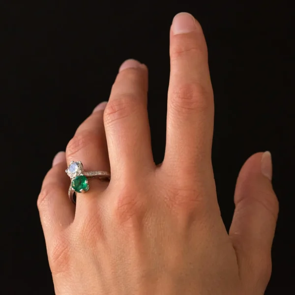 1930s French Platinum Art Deco Emerald Diamond "You and Me" Ring - Image 10