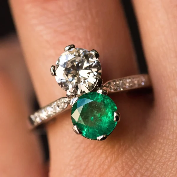 1930s French Platinum Art Deco Emerald Diamond "You and Me" Ring - Image 5