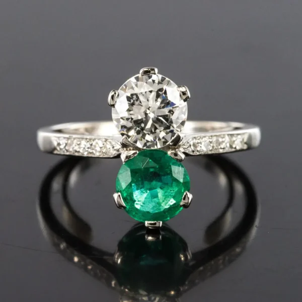1930s French Platinum Art Deco Emerald Diamond "You and Me" Ring - Image 7