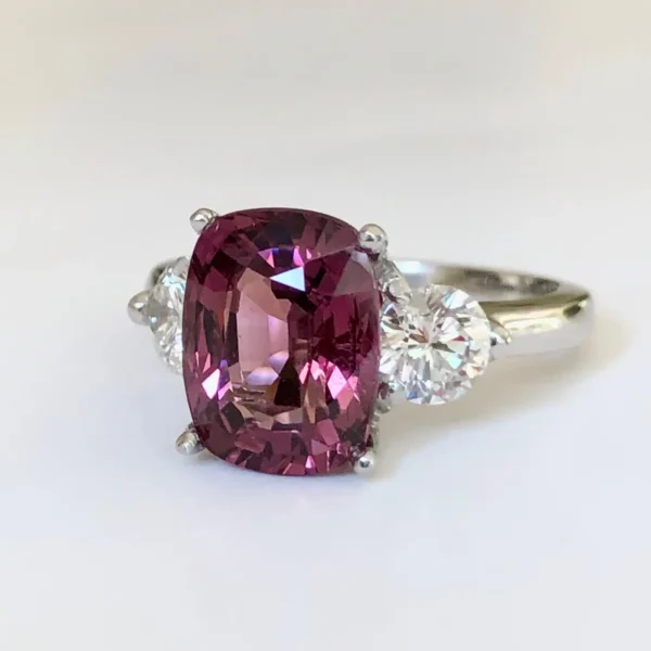 5.10 Carat Spinel and Diamond Three-Stone Platinum Engagement Ring - Image 9