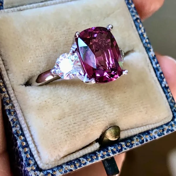 5.10 Carat Spinel and Diamond Three-Stone Platinum Engagement Ring - Image 12
