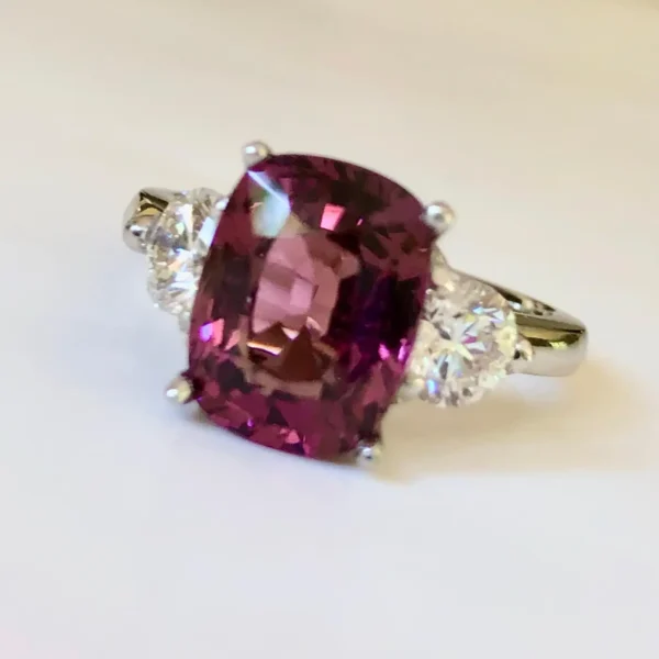 5.10 Carat Spinel and Diamond Three-Stone Platinum Engagement Ring - Image 3