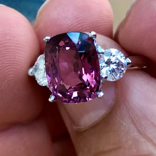 5.10 Carat Spinel and Diamond Three-Stone Platinum Engagement Ring - Image 4