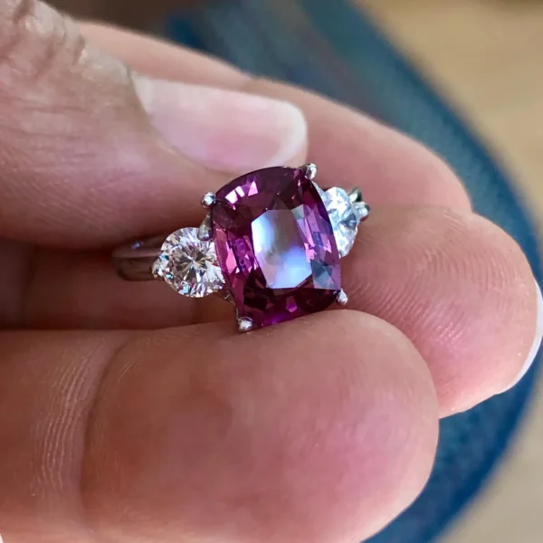 5.10 Carat Spinel and Diamond Three-Stone Platinum Engagement Ring - Image 8
