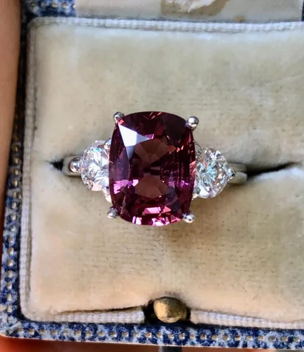 5.10 Carat Spinel and Diamond Three-Stone Platinum Engagement Ring - Image 16