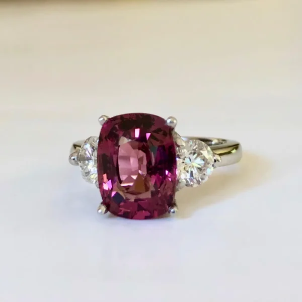 5.10 Carat Spinel and Diamond Three-Stone Platinum Engagement Ring - Image 15