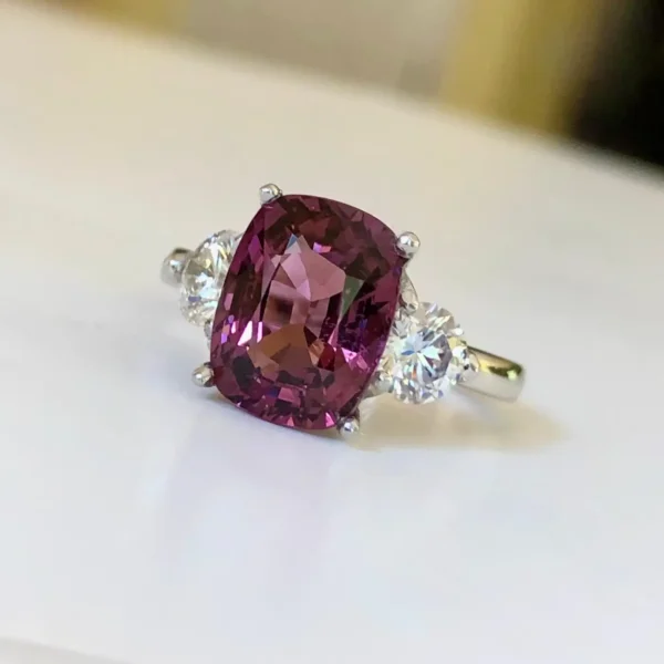 5.10 Carat Spinel and Diamond Three-Stone Platinum Engagement Ring - Image 5