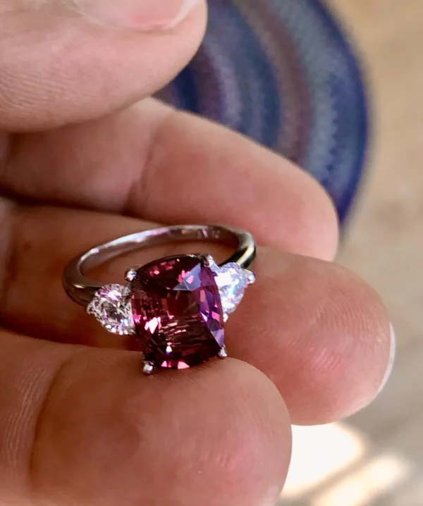5.10 Carat Spinel and Diamond Three-Stone Platinum Engagement Ring - Image 6
