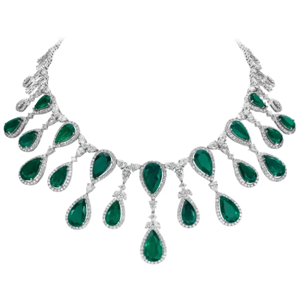 63.40 Carats Total Pear Shape Colombian Green Emerald and Diamond Necklace - Image 2