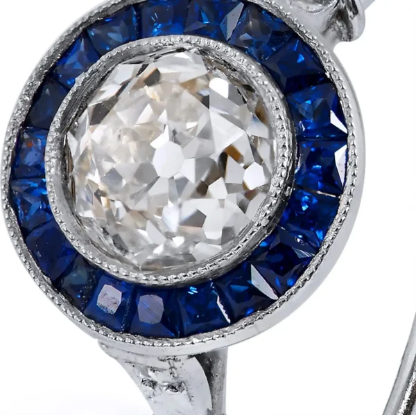 Art Deco Style 1.16 Carat Old European Cut Diamond Sapphire Platinum Ring 6.5 - Image 4