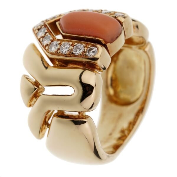 Boucheron Vintage Coral Diamond Yellow Gold Ring Sz 4 1/2 - Image 2