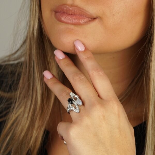 Bvlgari Elisia Diamond Onyx & Chalcedony White Gold Cocktail Ring Sz 4 - Image 2