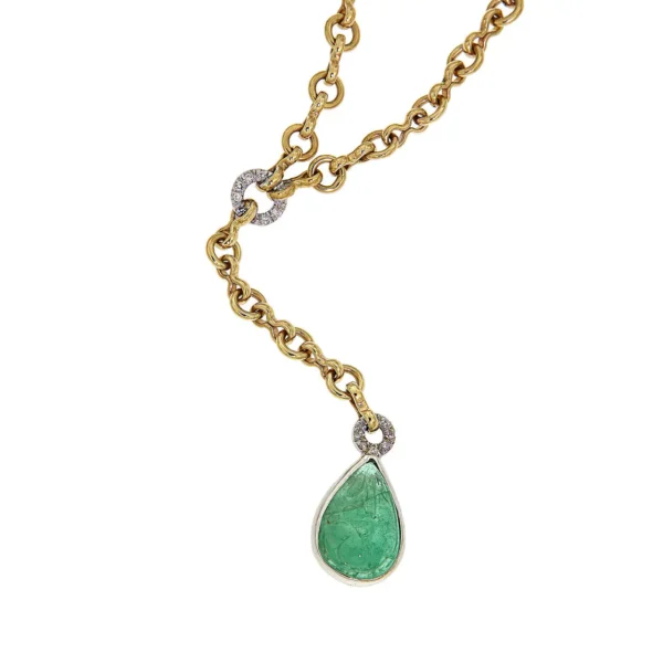 Cabochon Green Emerald Diamonds Yellow Gold Drop Necklace Made In Italy - Image 2