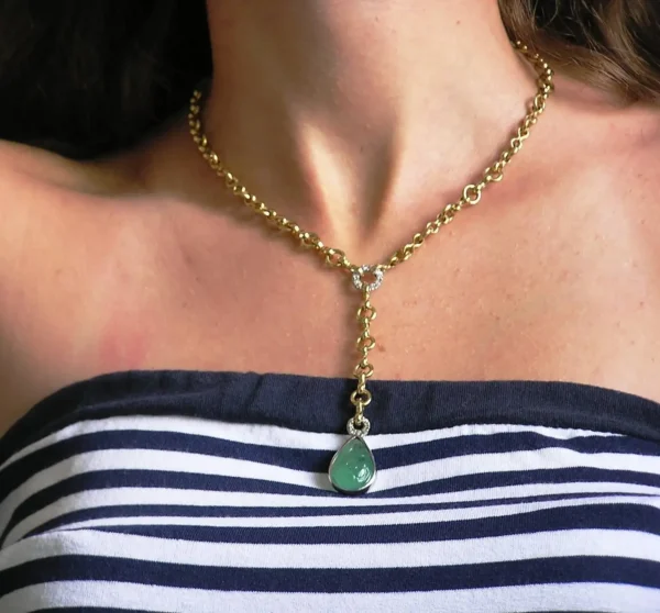 Cabochon Green Emerald Diamonds Yellow Gold Drop Necklace Made In Italy - Image 5