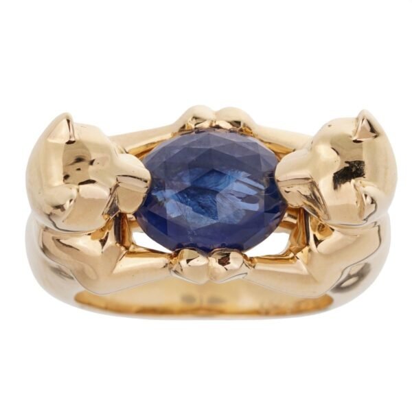 Cartier Double Panthere Sapphire Yellow Gold Ring Sz 6 1/4 - Image 2