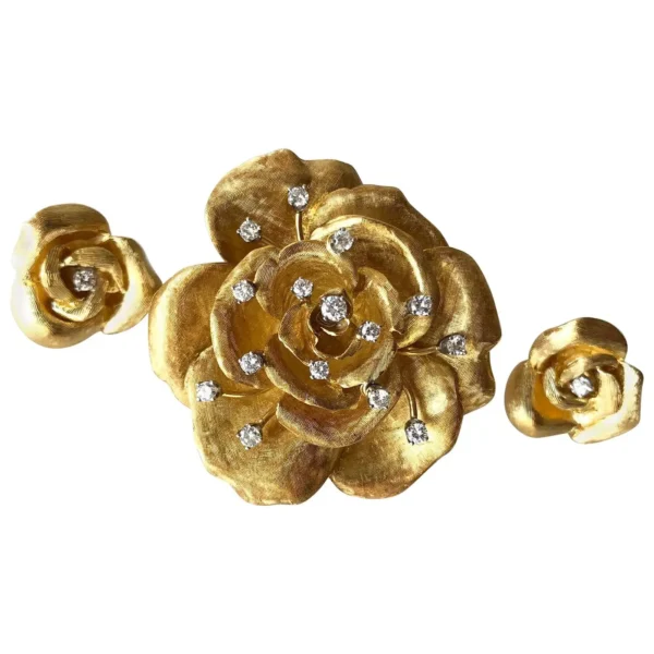 Cartier France 18K Gold Diamond Rose Flowering Brooch and Earrings Set - Image 5