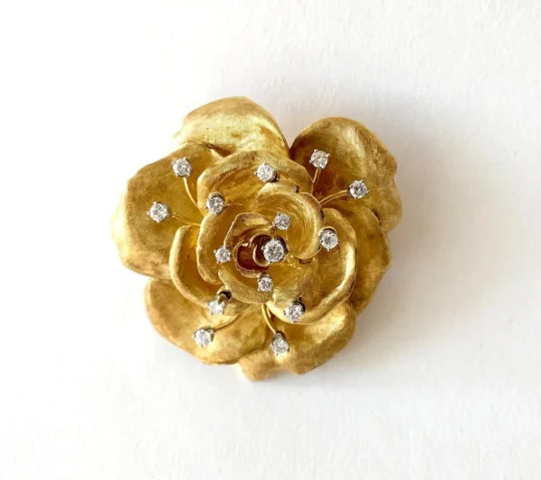 Cartier France 18K Gold Diamond Rose Flowering Brooch and Earrings Set - Image 4