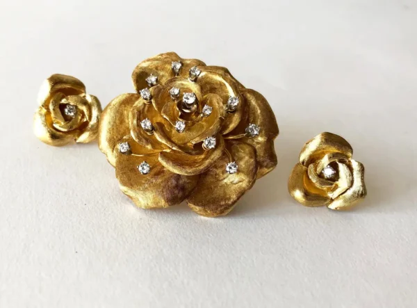 Cartier France 18K Gold Diamond Rose Flowering Brooch and Earrings Set