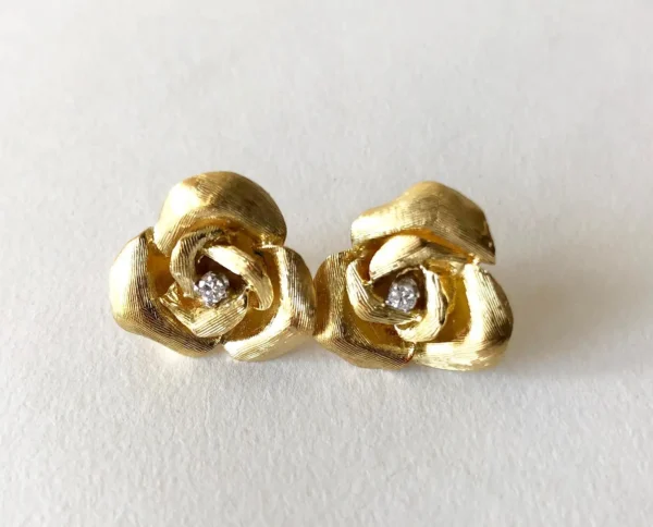 Cartier France 18K Gold Diamond Rose Flowering Brooch and Earrings Set - Image 7