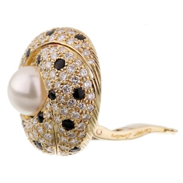 Cartier Panthere Diamond Pearl Yellow Gold Vintage Clip On Earrings - Image 2