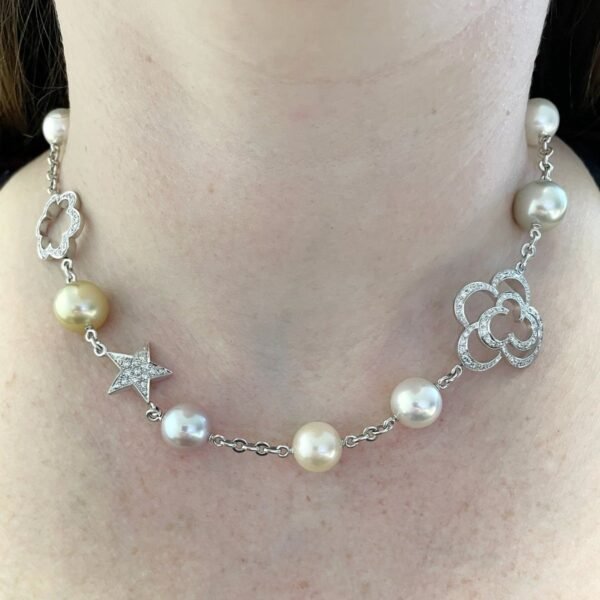 Chanel Camellia and Comete Motif Pearl Diamond White Gold Necklace - Image 4