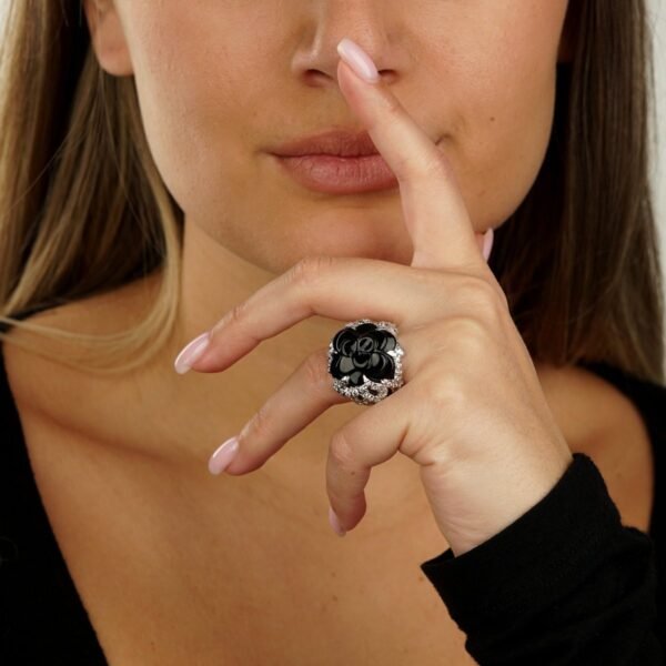 Chanel Camellia Diamond Onyx White Gold Ring - Image 4