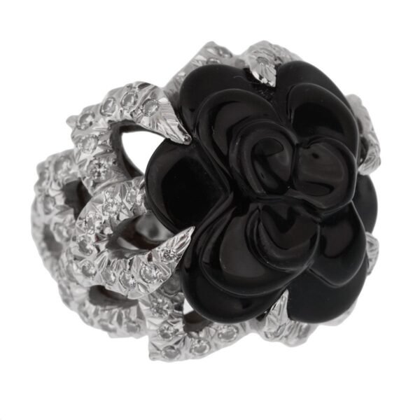 Chanel Camellia Diamond Onyx White Gold Ring - Image 3