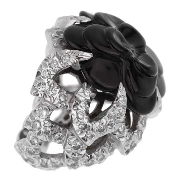 Chanel Camellia Diamond Onyx White Gold Ring - Image 2