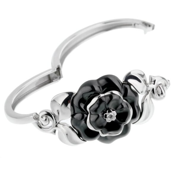 Chanel Camellia Onyx Diamond White Gold Bangle Bracelet - Image 3