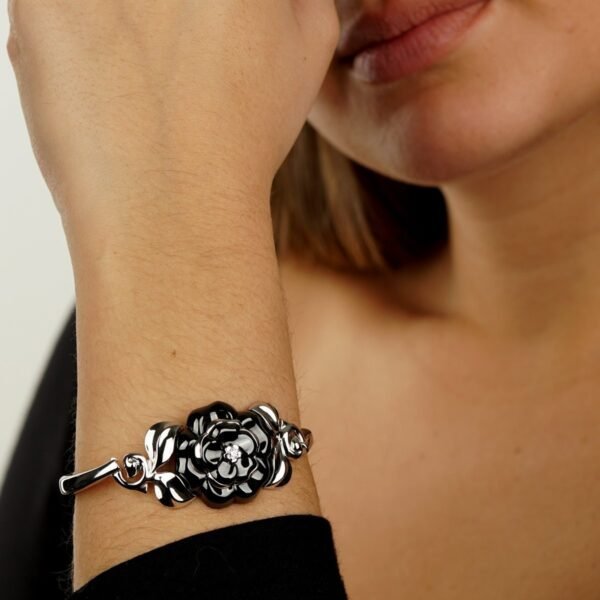 Chanel Camellia Onyx Diamond White Gold Bangle Bracelet - Image 4