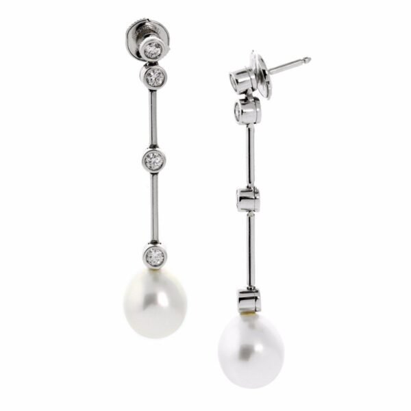 Chanel Pearl Diamond 18k White Gold Drop Earrings - Image 2