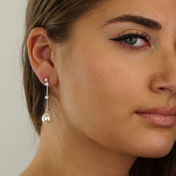Chanel Pearl Diamond 18k White Gold Drop Earrings - Image 3