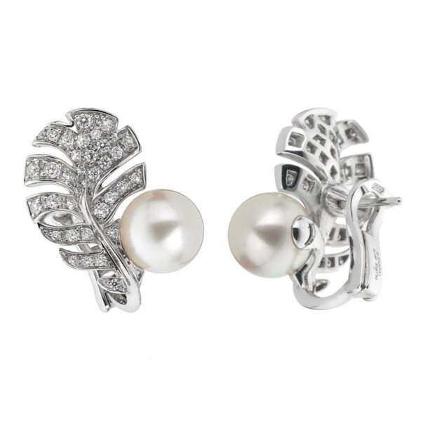 Plume De Chanel Pearl Diamond White Gold Earrings - Image 2