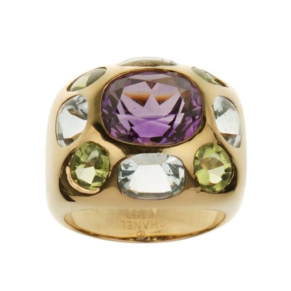 Chanel Vintage 18k Yellow Gold Amethyst Peridot Topaz Cocktail Ring - Image 3