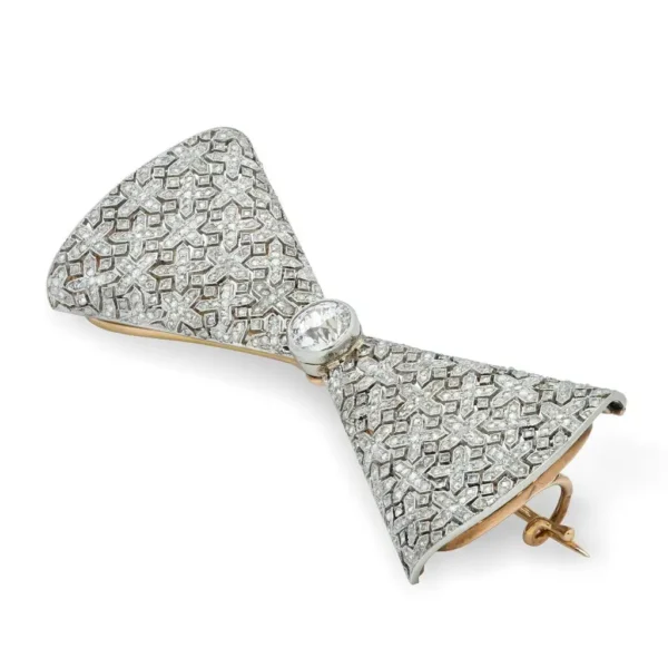 Faberge Diamond Gold Platinum Bow Brooch - Image 2