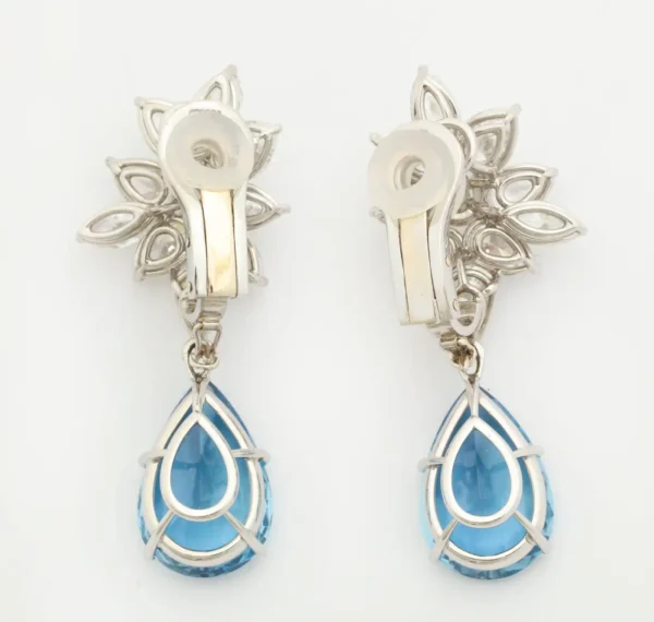 Finest Pear Shape Aquamarine Drop Diamond Platinum Earrings - Image 2