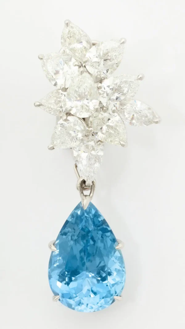 Finest Pear Shape Aquamarine Drop Diamond Platinum Earrings - Image 3