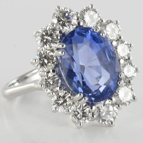 French 1960s No Heat 7.42 Carat Ceylon Sapphire Diamond White Gold Cluster Ring - Image 2