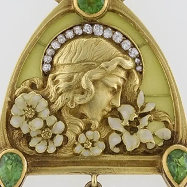 French Art Nouveau Peridot Diamond Gold and Plique-a-Jour ''Juliet'' Pendant - Image 3
