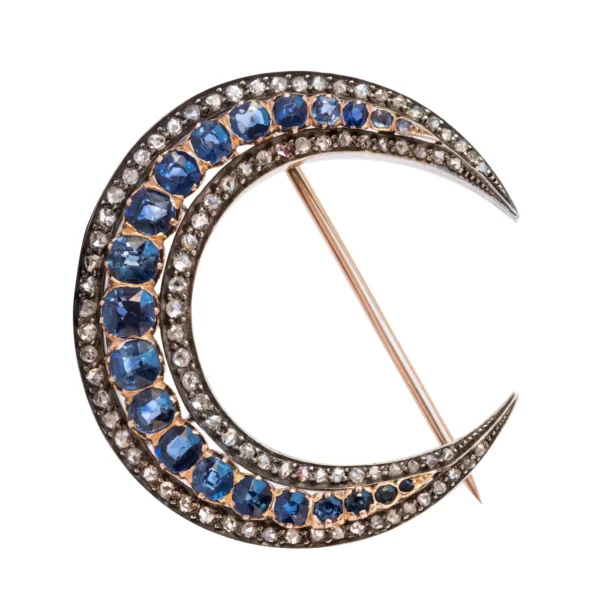 French Napoleon 3 Antique Crescent Moon Sapphire Diamond Brooch - Image 6