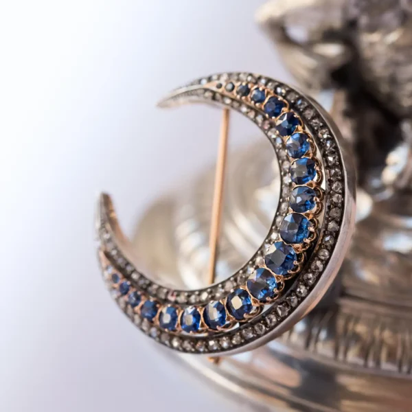 French Napoleon 3 Antique Crescent Moon Sapphire Diamond Brooch - Image 4