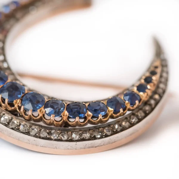 French Napoleon 3 Antique Crescent Moon Sapphire Diamond Brooch - Image 5