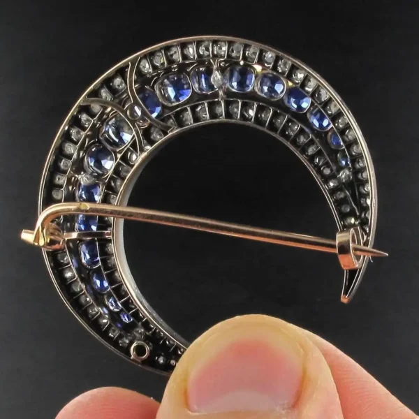 French Napoleon 3 Antique Crescent Moon Sapphire Diamond Brooch - Image 11
