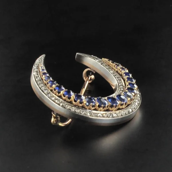 French Napoleon 3 Antique Crescent Moon Sapphire Diamond Brooch - Image 10