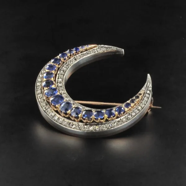 French Napoleon 3 Antique Crescent Moon Sapphire Diamond Brooch - Image 9