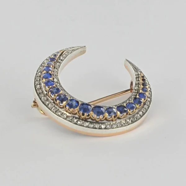 French Napoleon 3 Antique Crescent Moon Sapphire Diamond Brooch - Image 3