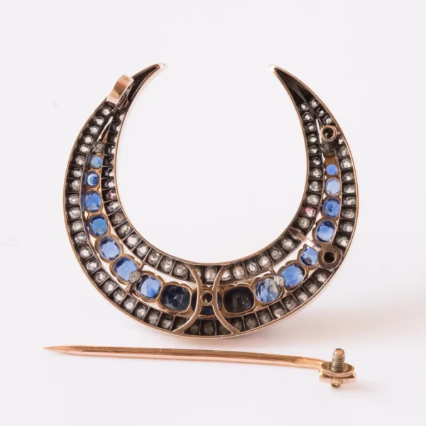 French Napoleon 3 Antique Crescent Moon Sapphire Diamond Brooch - Image 8