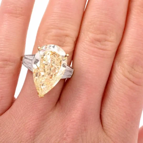 GIA 13.41 Carat Natural Fancy Pear Diamond with Baguette Platinum and Gold Ring - Image 5